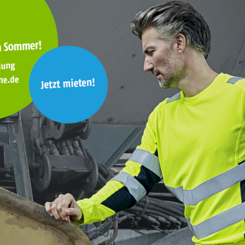 Mann trägt neon-gelb-schwarze UV-Schutzkleidung mit Reflexstreifen; Text: Sicher durch den Sommer! Mit UV-Schutzkleidung von diemietwaesche.de - Jetzt mieten!