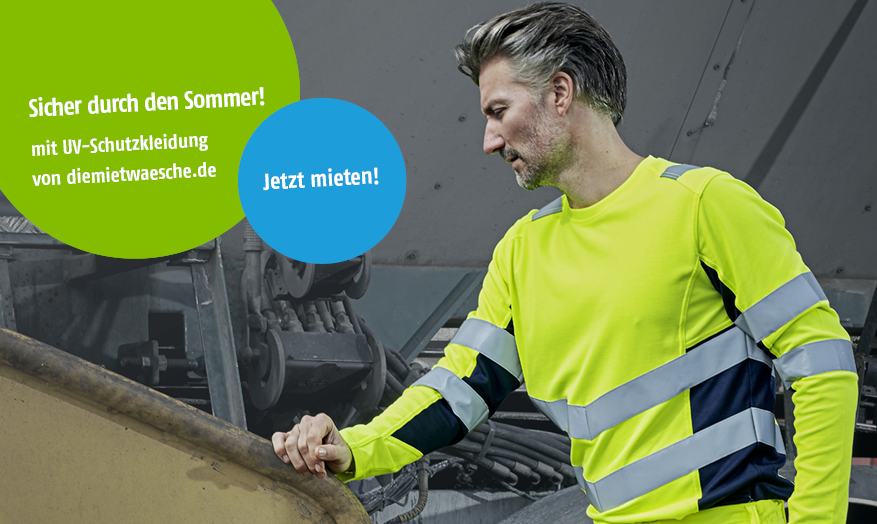 Mann trägt neon-gelb-schwarze UV-Schutzkleidung mit Reflexstreifen; Text: Sicher durch den Sommer! Mit UV-Schutzkleidung von diemietwaesche.de - Jetzt mieten!