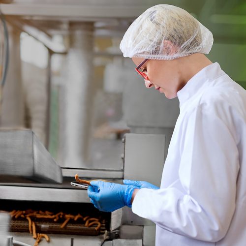 Frau mit roter Brille und blauen Einweghandschuhen in HACCP-Arbeitsschutzkleidung am Fließband
