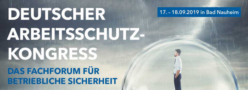 Mann in Hemd mit Krawatte in Schutzblase, außen Regen und Blitz, der Blase trifft; Text: Deutscher Arbeitsschutzkongress - Das Fachforum für betriebliche Sicherheit, 17.-18.09.2019 in Bad Nauheim