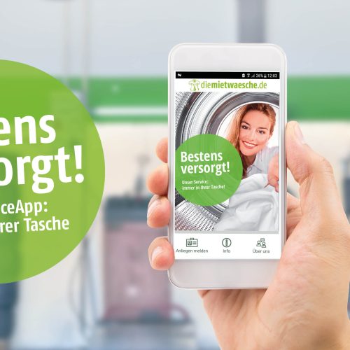 Pressebild für Website-ServiceApp; Text: diemietwaesche.de - Bestens versorgt! Unser Service: Immer in Ihrer Tasche!