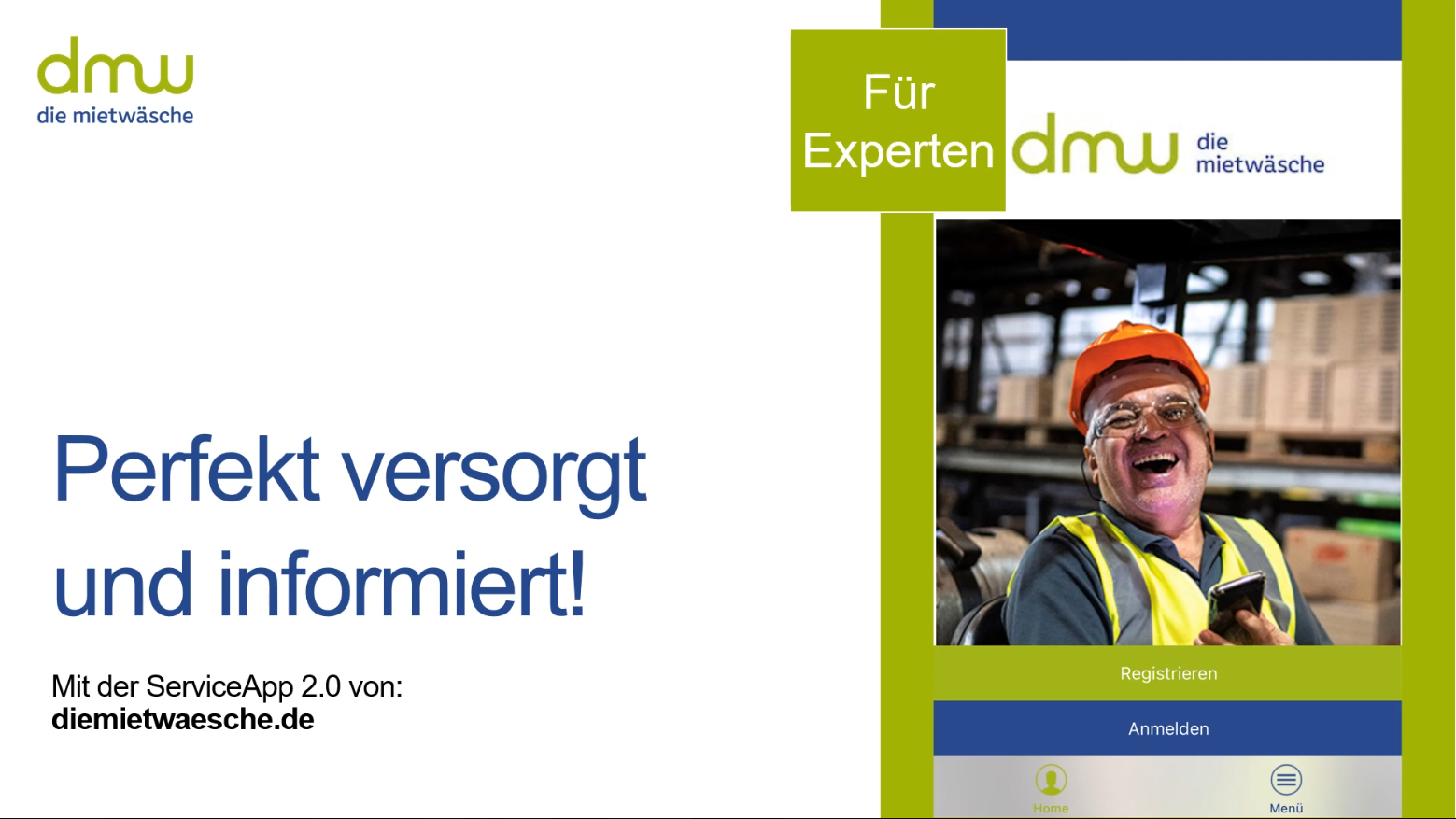 Mann auf Baustelle, der orangefarbene Warnschutzkleidung und gelben Helm, sowie ein Arbeitsgerät auf der Schulter trägt, daneben der Text "Ihre Vorteile"