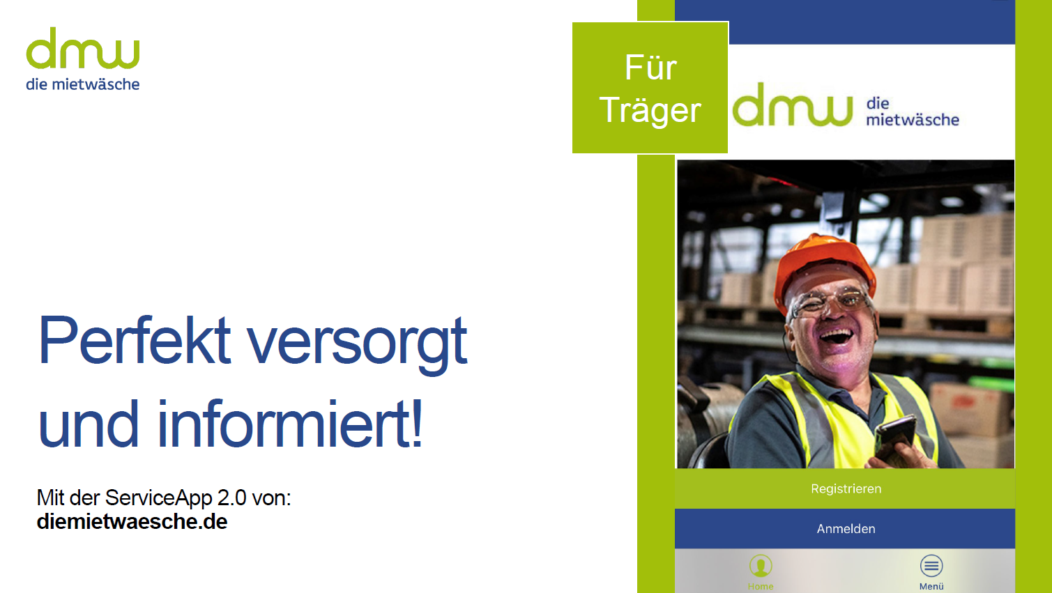 Frau in Gabelstapler, die blau-schwarze Lathose, graues Hemd und weißen Schutzhelm trägt; Weißer Text in grüner Blase: Anliegen melden - Träger